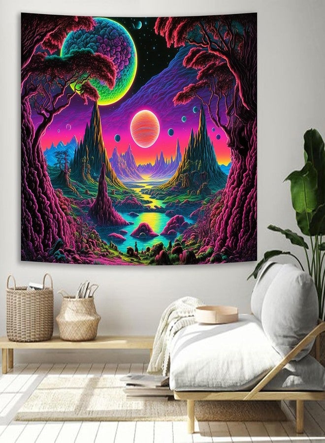 Manicer Blacklight Galaxy Moon Tapestry - Alien Landscape UV Reactive Neon Mountain Forest, Space Fantasy Plants Wall Hanging for Room Decor - 59.1" x 80" - Image 5